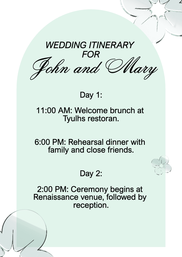 Elegant Mint Green A4 Wedding Itinerary Poster