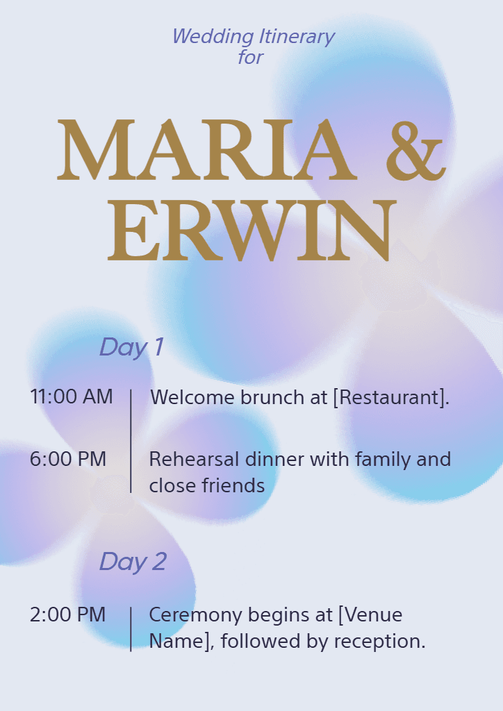 Elegant Wedding A4 Itinerary in Gold