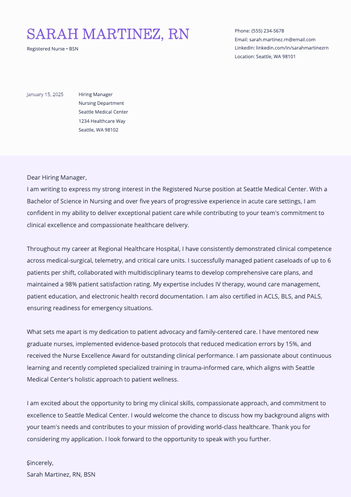 Professional Nursing Cover Letter in Purple