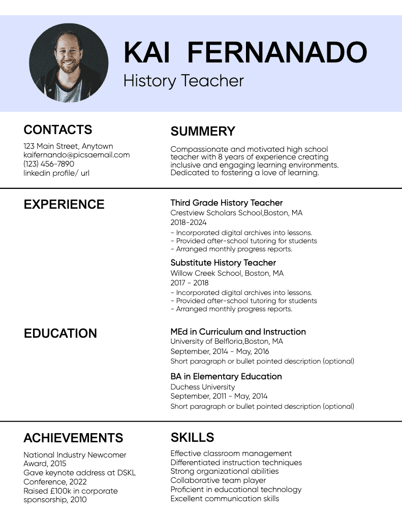 Professional Blue Teacher Resume Template Layout