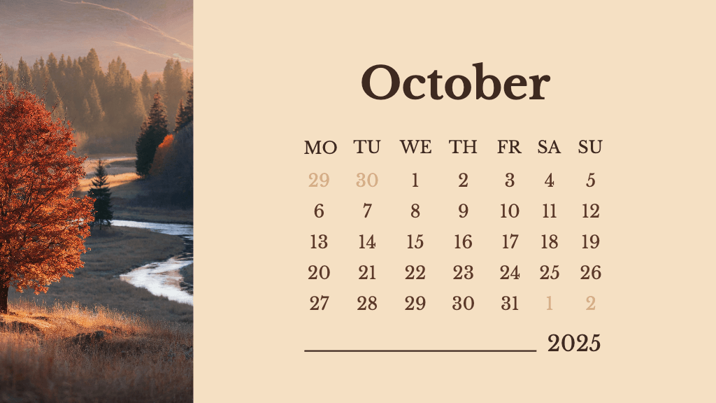 Serene Autumn Orange October General Calendar