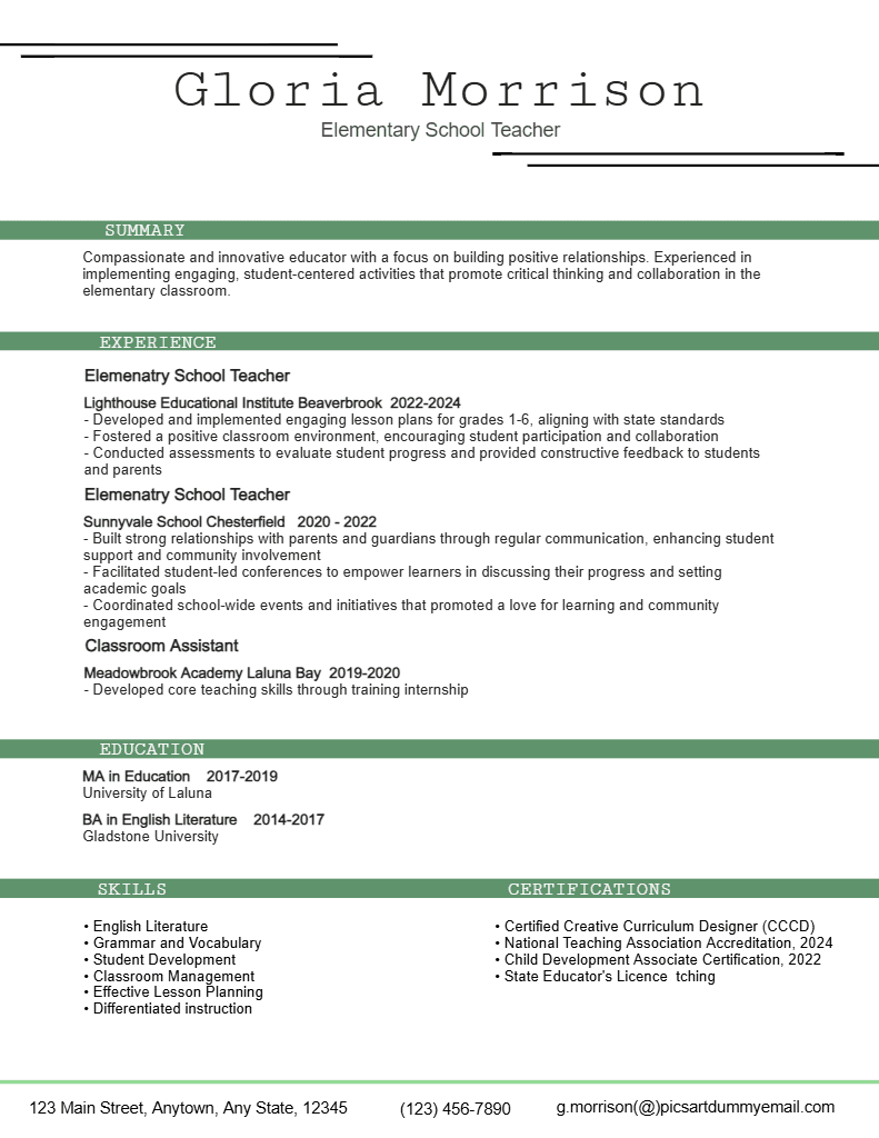 Elegant Resume for Elementary School Teacher