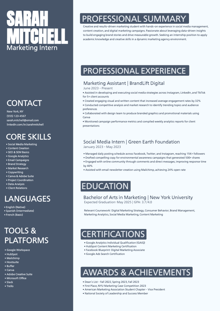 Professional Dark Blue Marketing Intern Resume