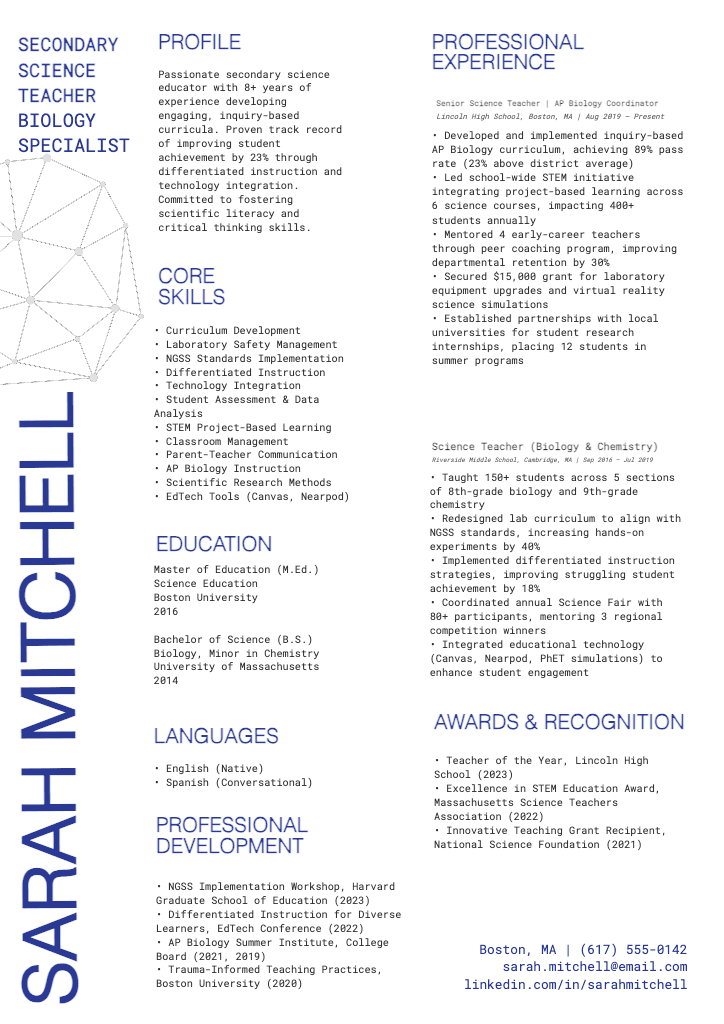 Blue Secondary Science Teacher Resume Design
