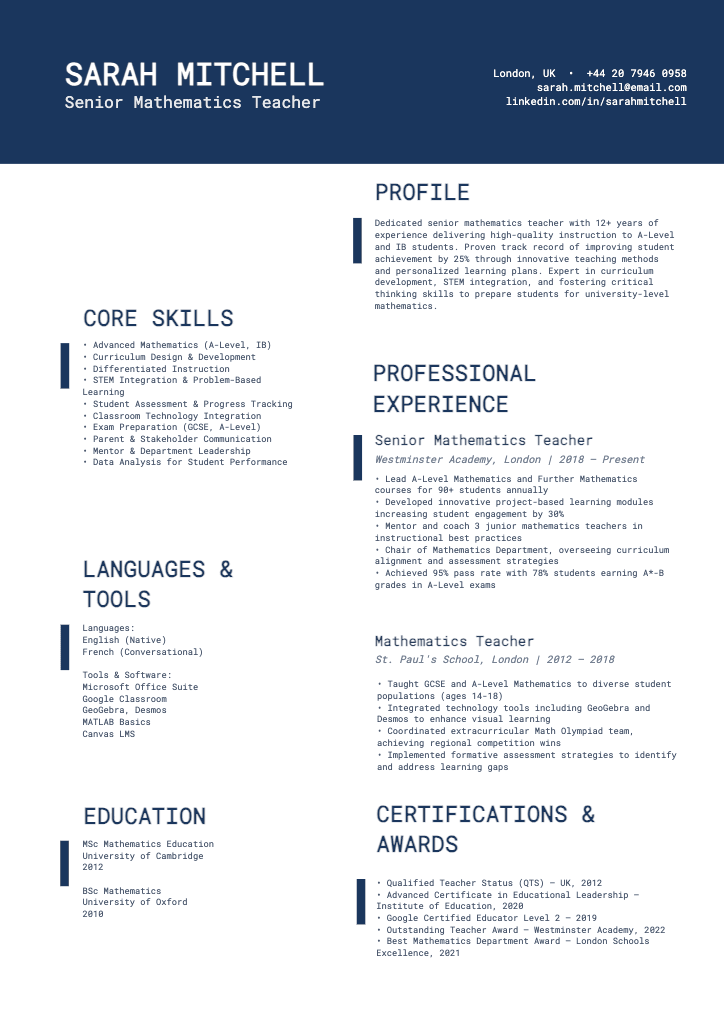 Blue Elegant Mathematics Teacher Resume Template