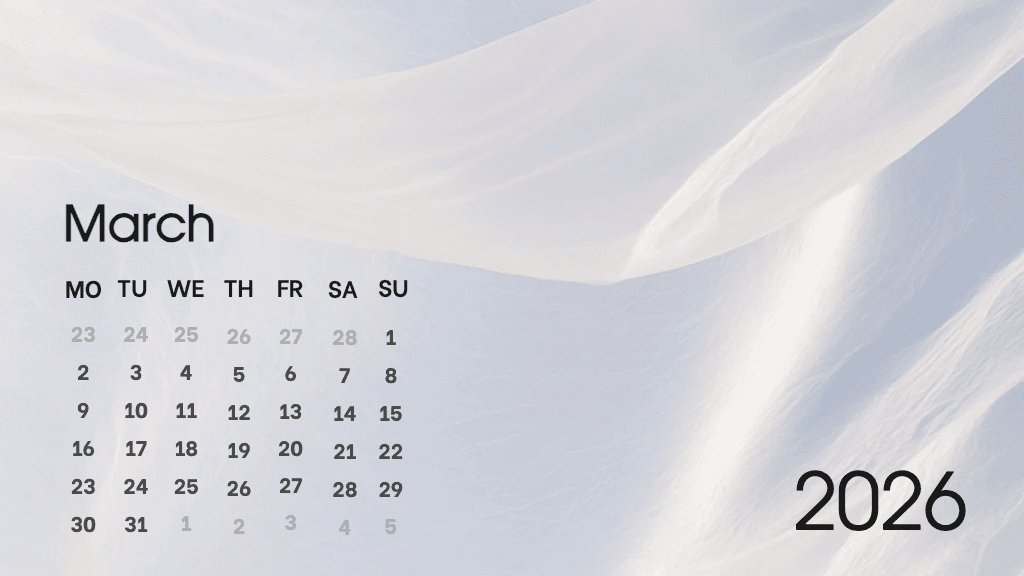 Elegant White General Calendar for March 2026