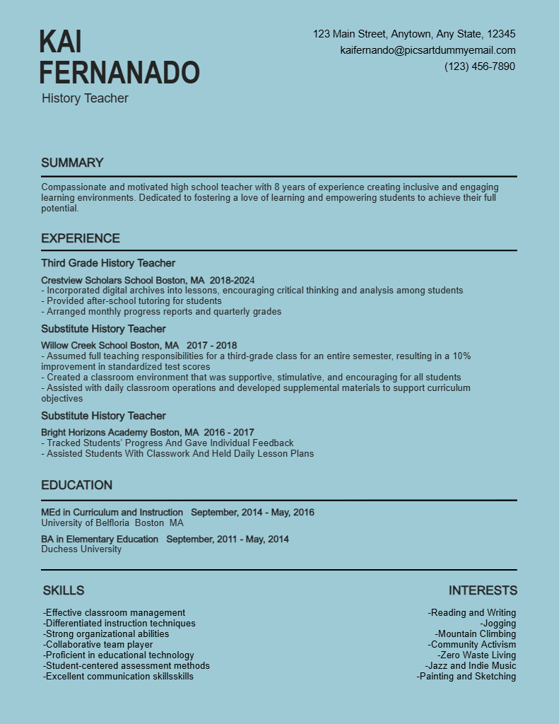Blue Professional History Teacher Resume Template