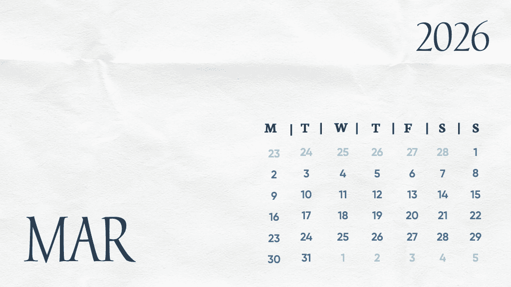 Elegant Blue and White March 2026 General Calendar