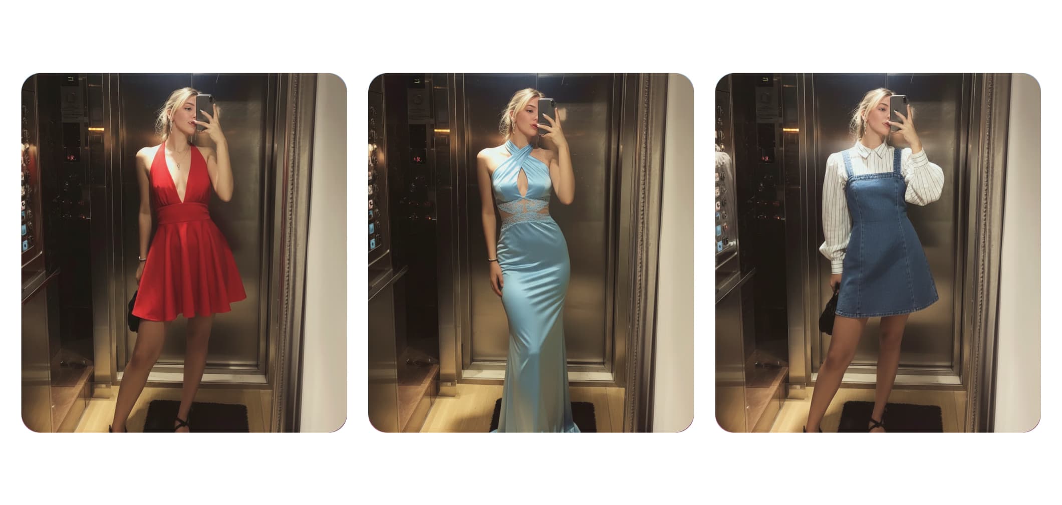 Tři varianty módních outfitů zobrazené vedle sebe