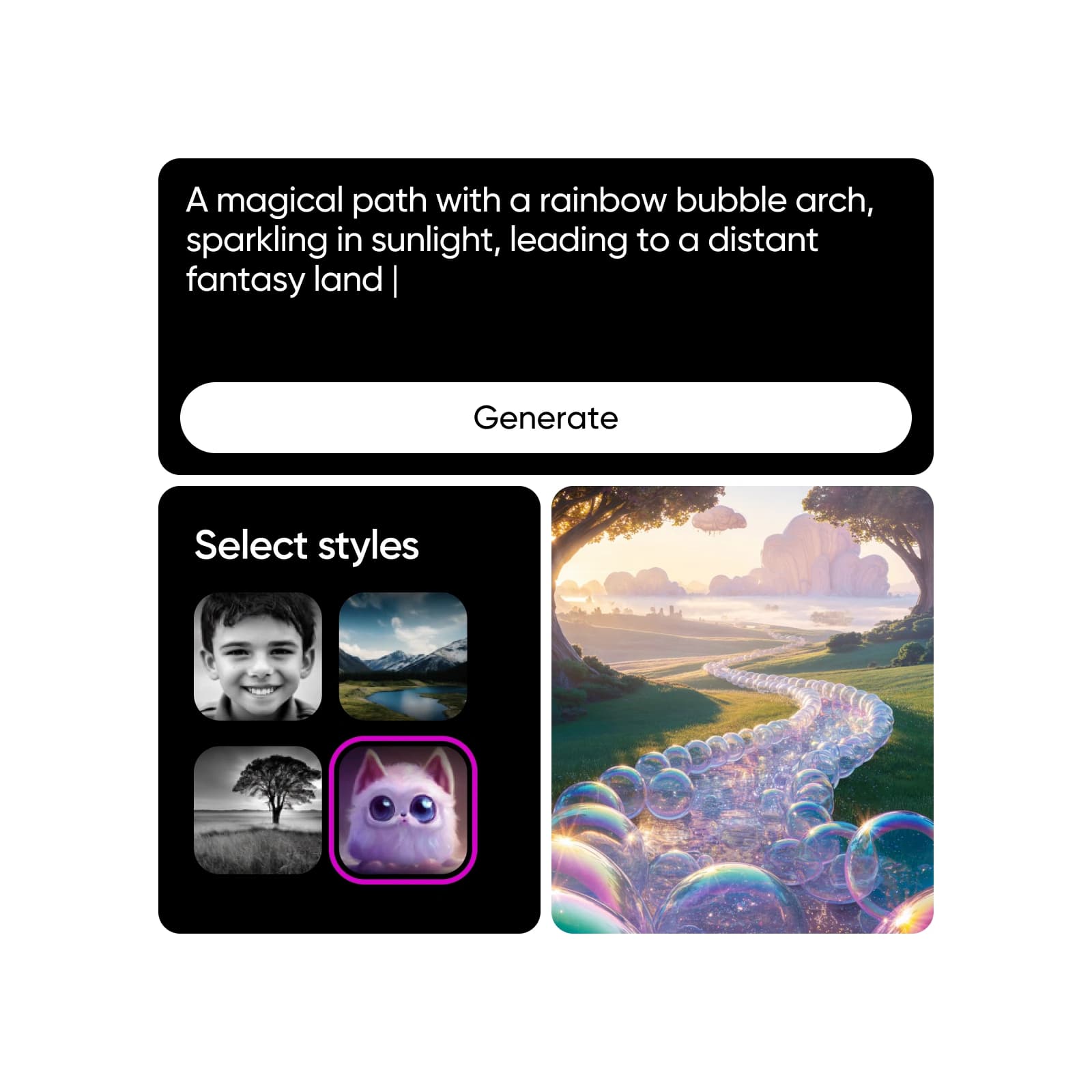 Prompt and style picker generating a dreamy fantasy landscape wallpaper in Picsart Flow