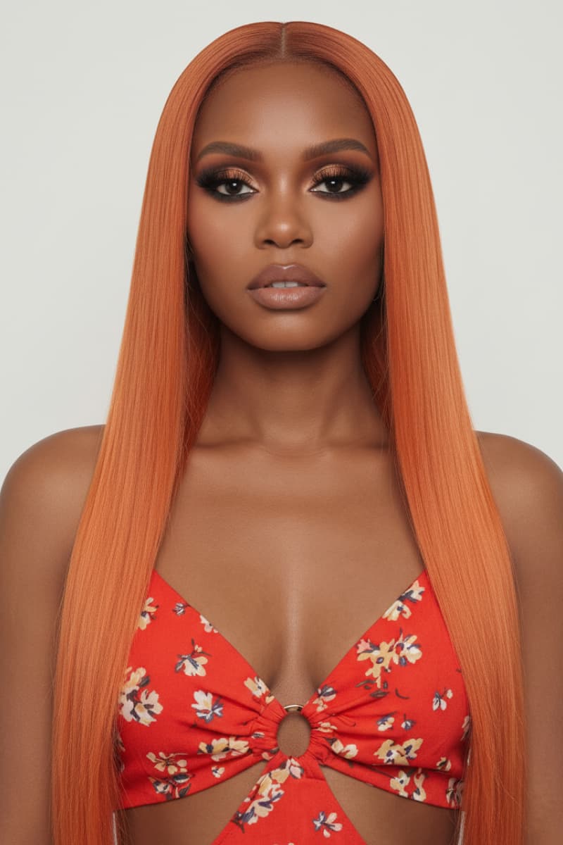 Woman with long straight orange hair in a red floral top