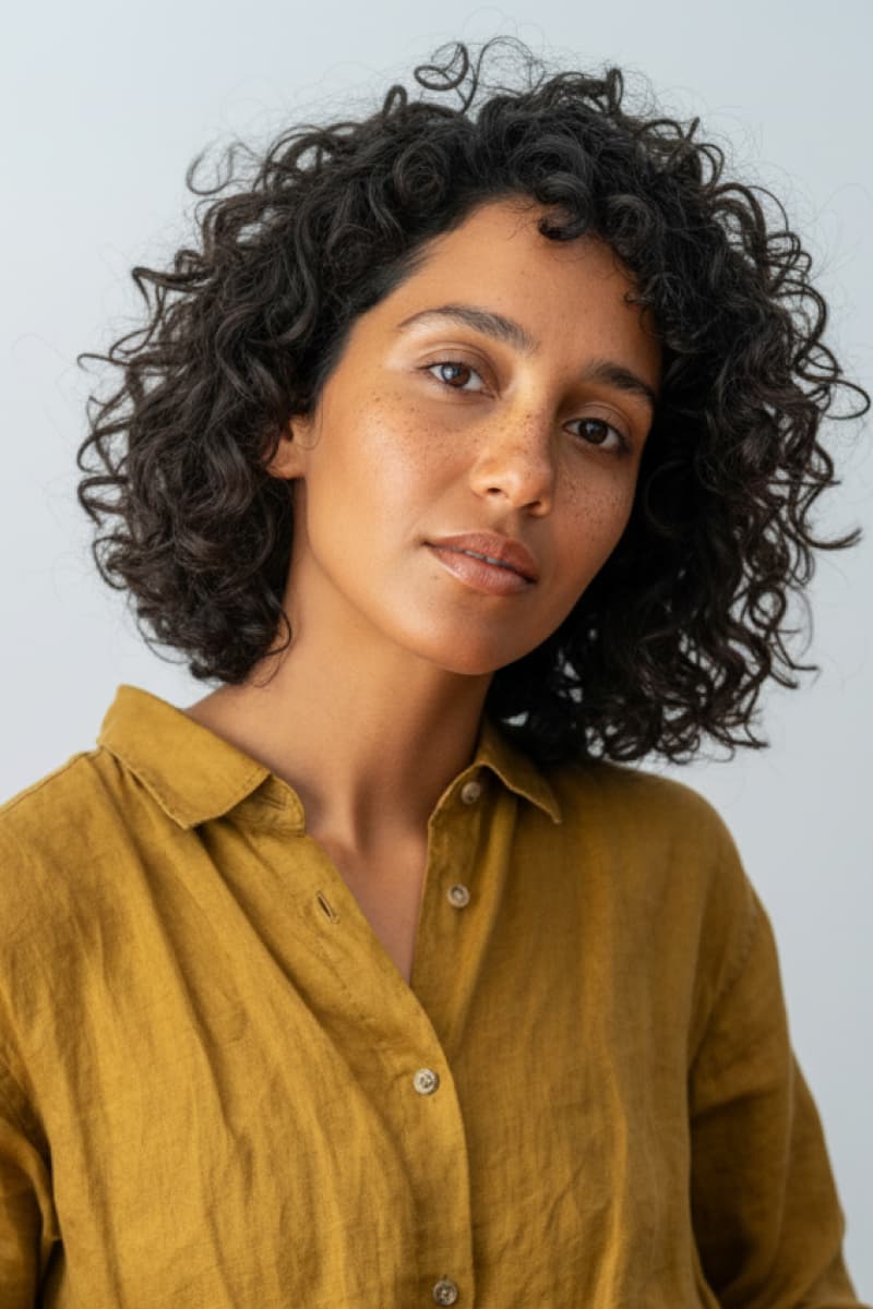 Woman with curly dark hair in a mustard yellow shirt