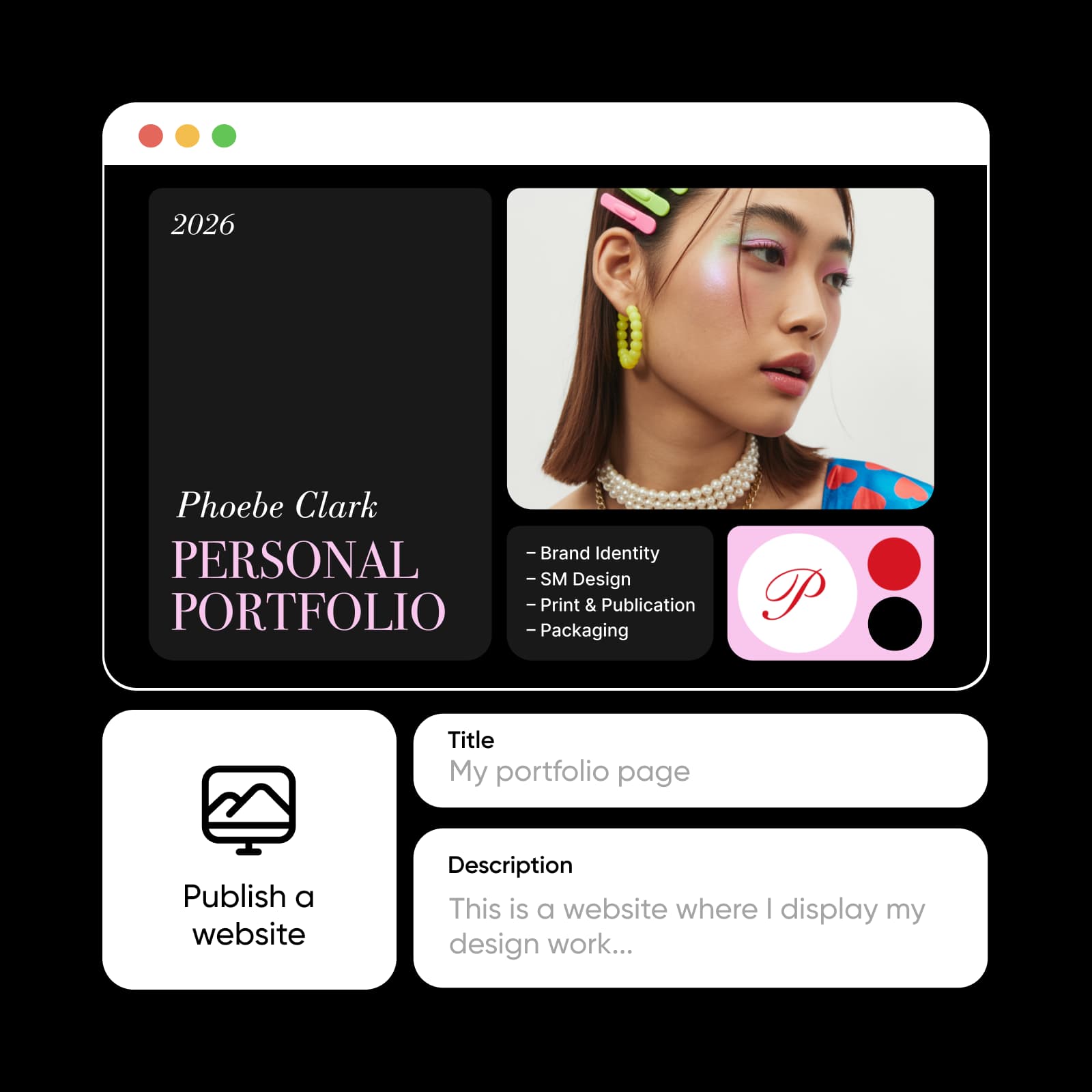 Illustrative personal portfolio layout from Picsart, with a sample profile and creative work