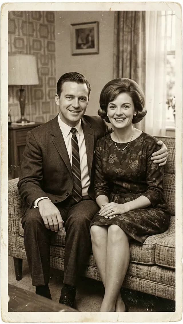Vintage family photo of a couple sitting on a sofa