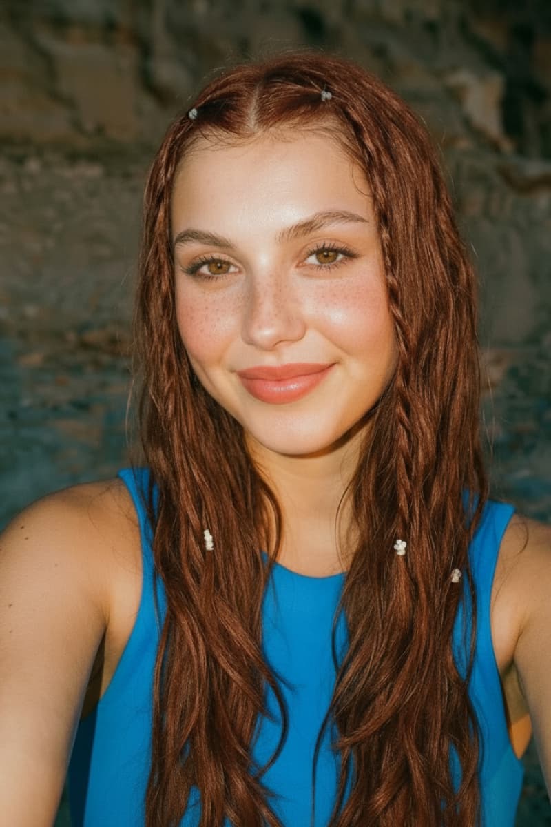 Smiling woman with auburn curly hair in a blue top
