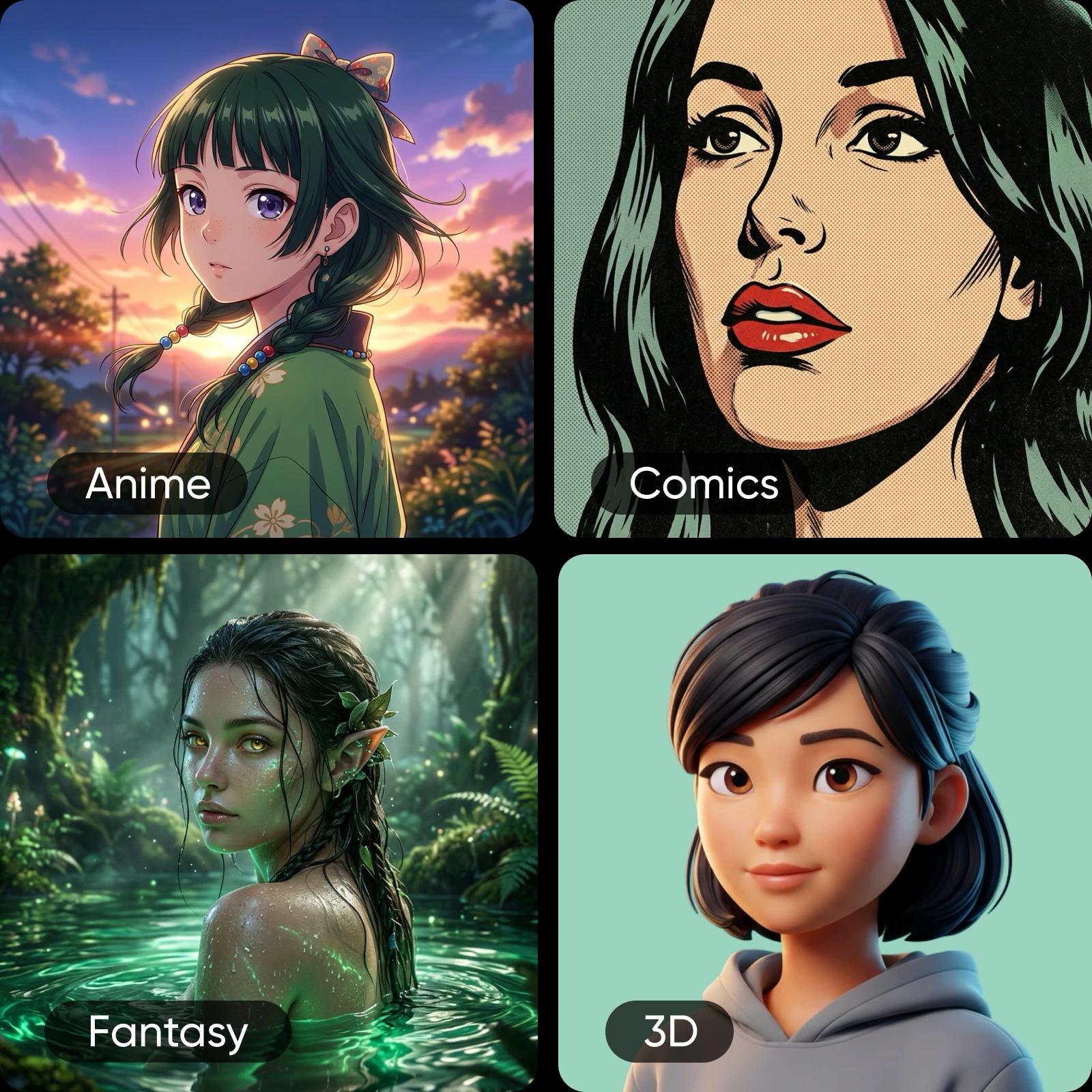 create AI character styles from anime to 3D