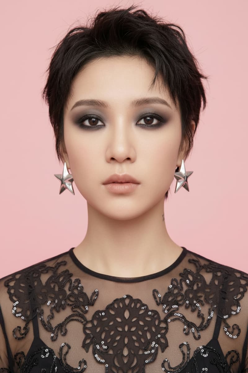 Woman with a short dark pixie haircut wearing dramatic smokey eye makeup
