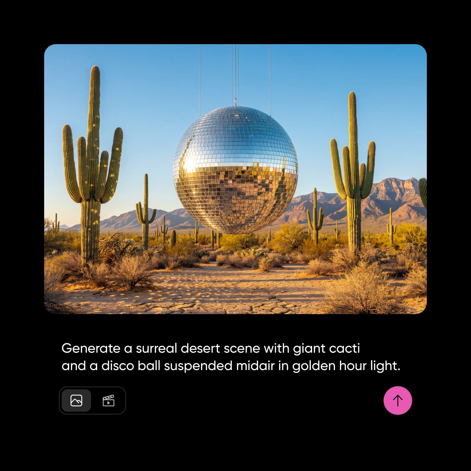 Surreal desert with giant cacti and a disco ball at golden hour