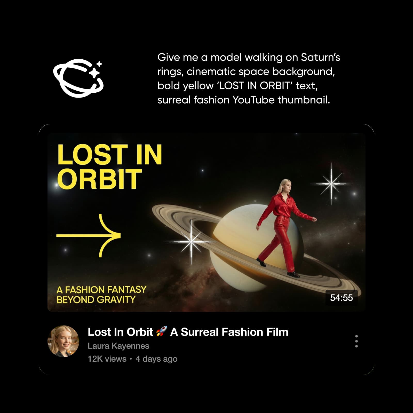 Text prompt turned into a Lost in Orbit YouTube thumbnail of a model walking on Saturn's rings