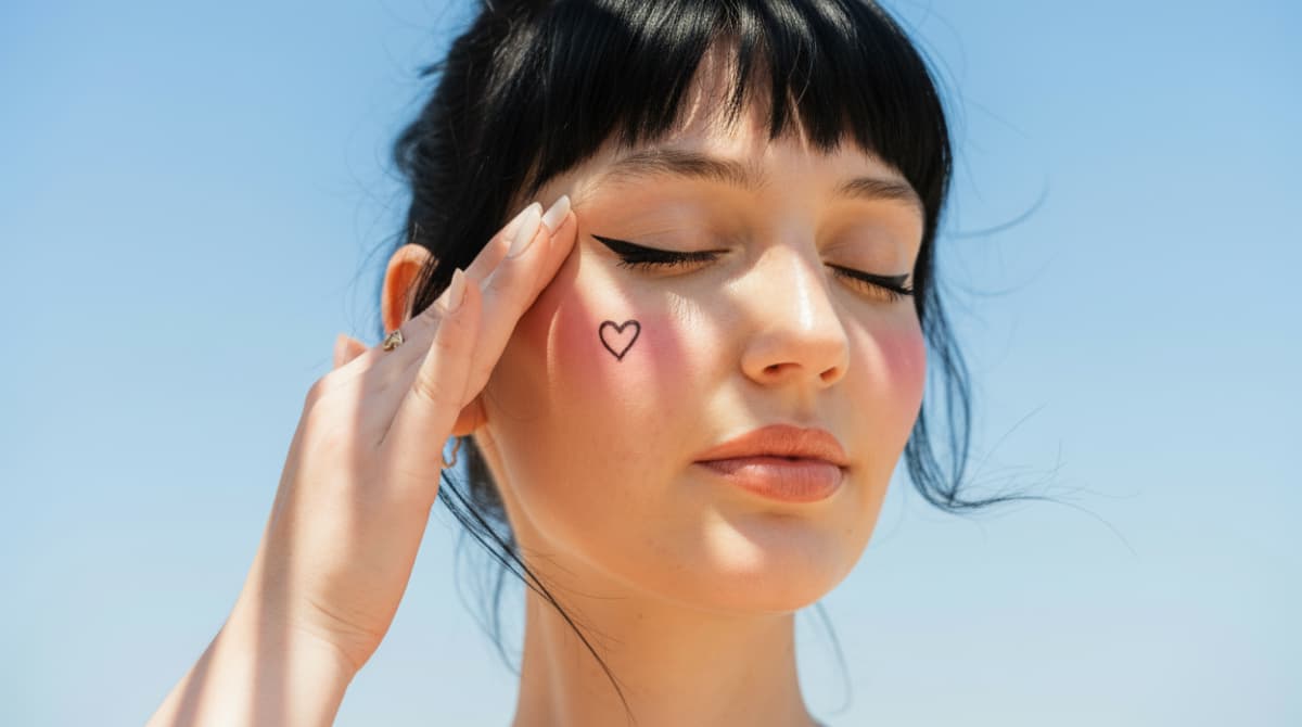 Woman with dark hair covering her face with her hand, with a small heart on her cheek