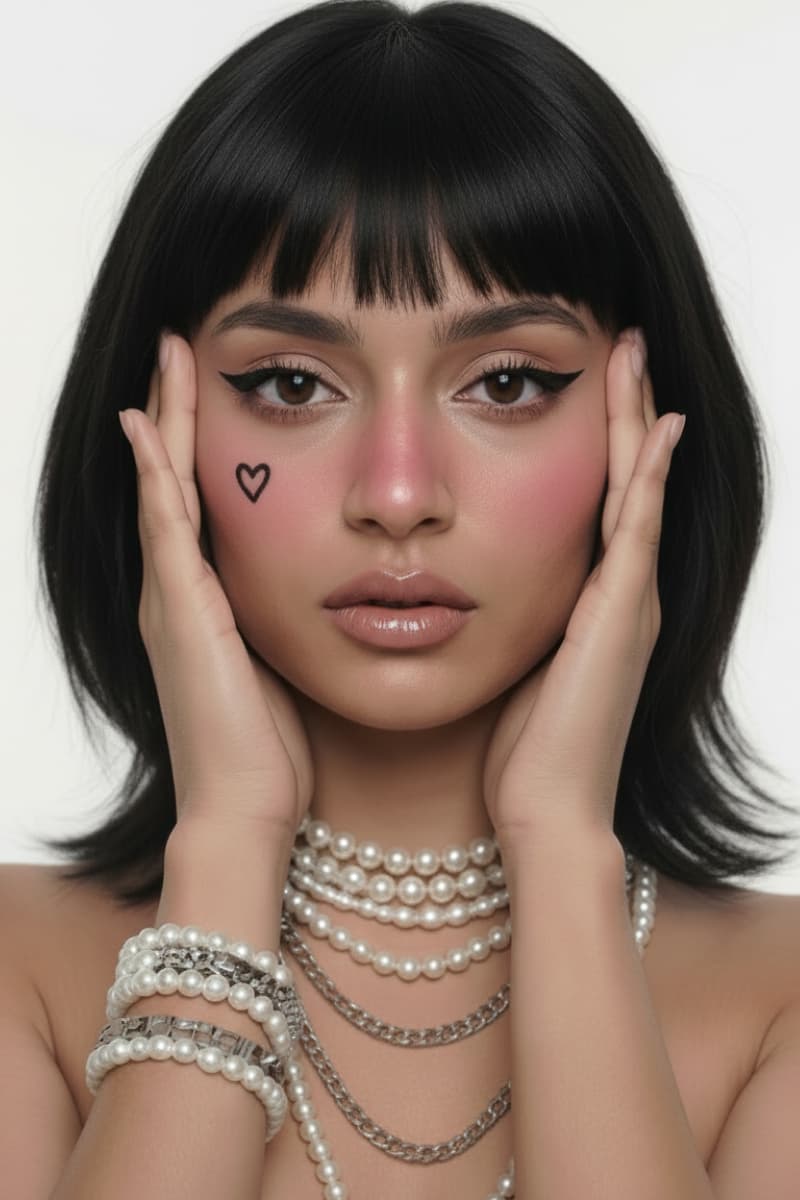 Woman with black bangs and bold creative makeup featuring a heart detail on her cheek