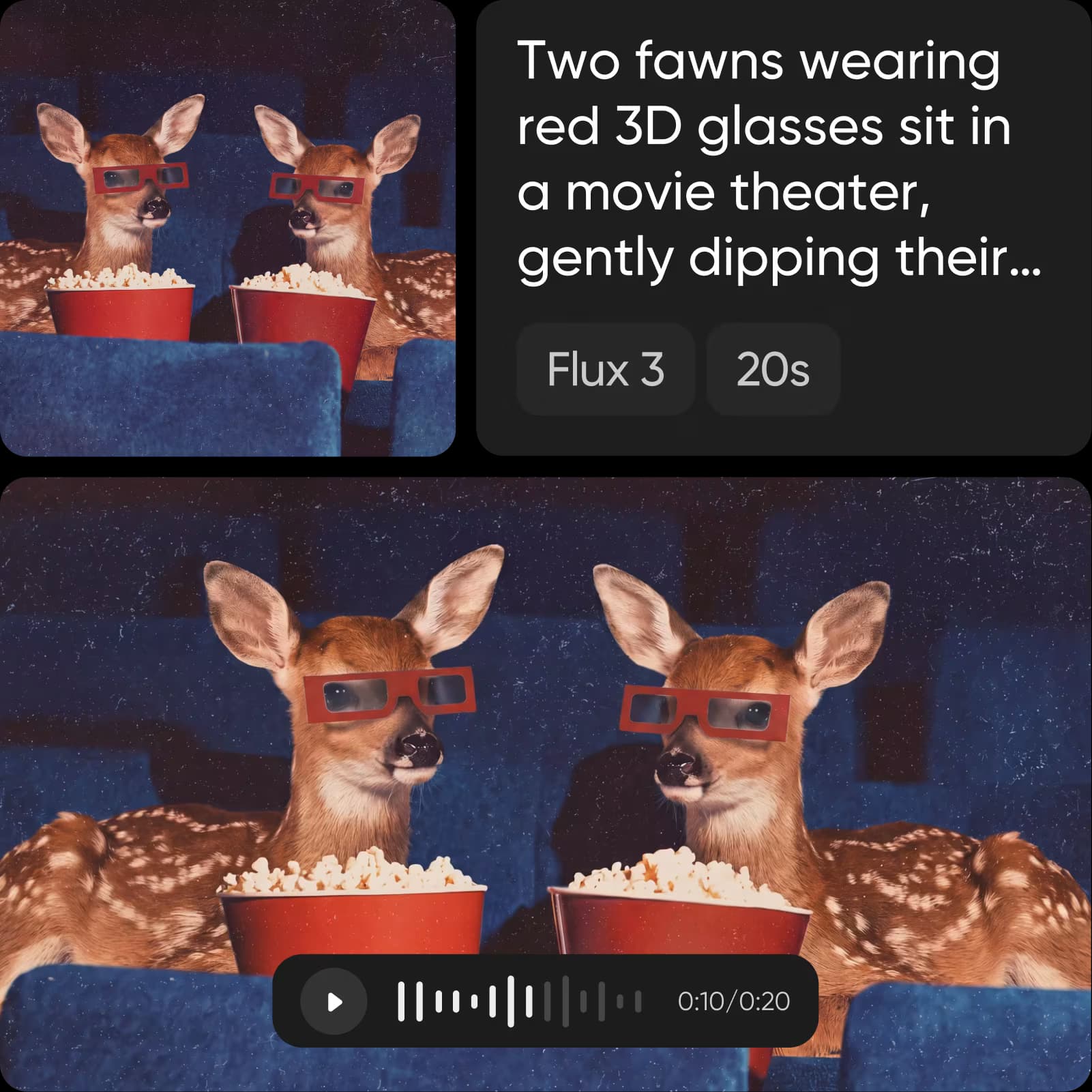 Two fawns in red 3D glasses at a movie theater, a Flux 3 video with sound