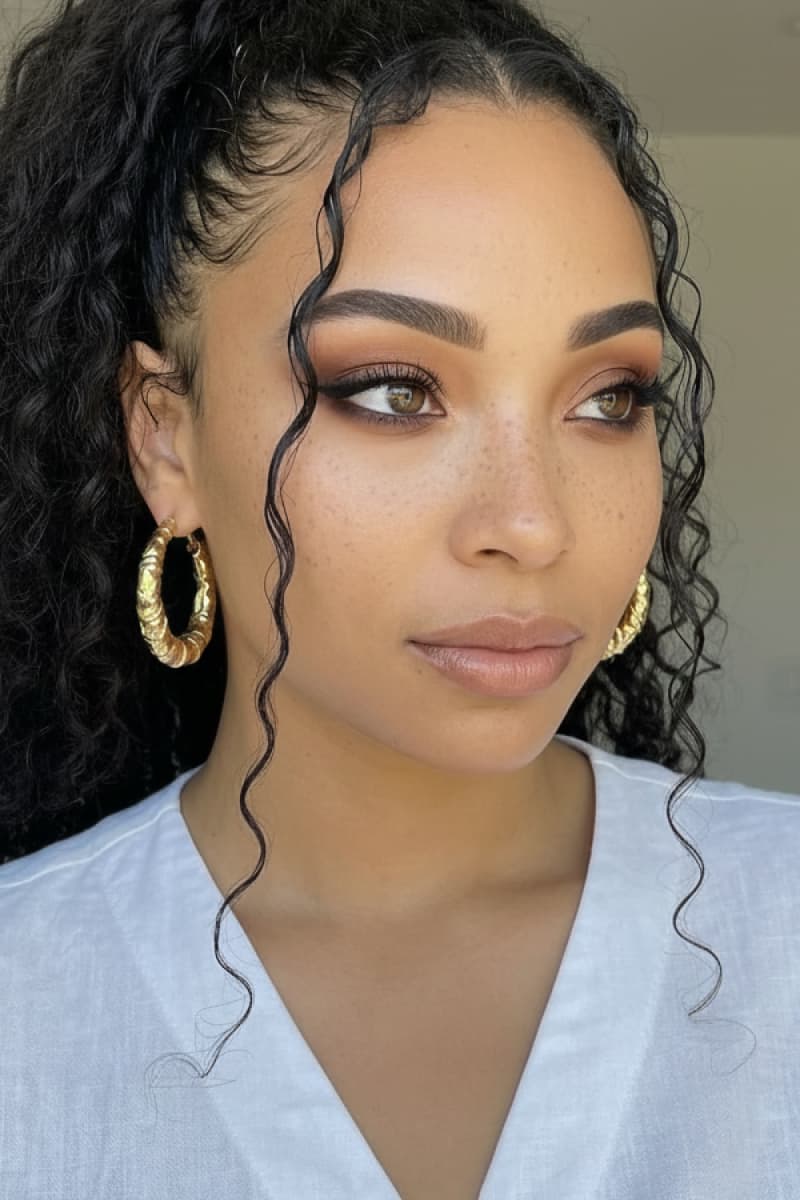 Woman with curly black hair, gold hoop earrings, and soft glam makeup