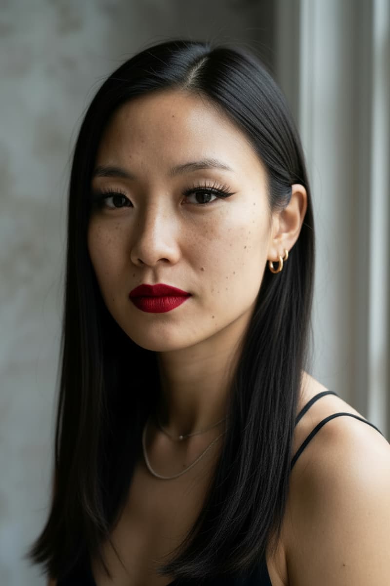 Woman with long black hair and red lipstick.