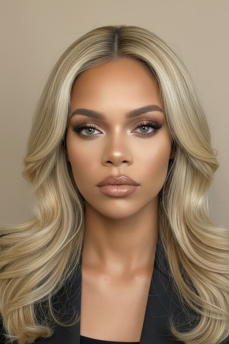 Woman with blonde highlighted waves and neutral makeup
