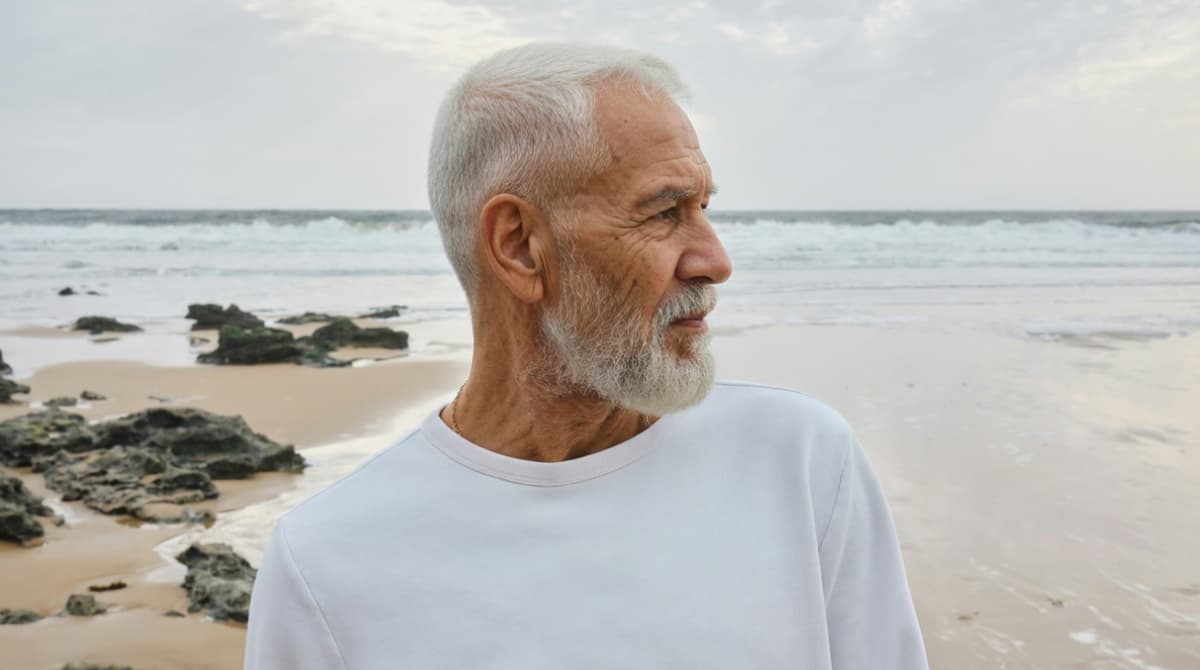 Elderly man with white hair and beard on a beach