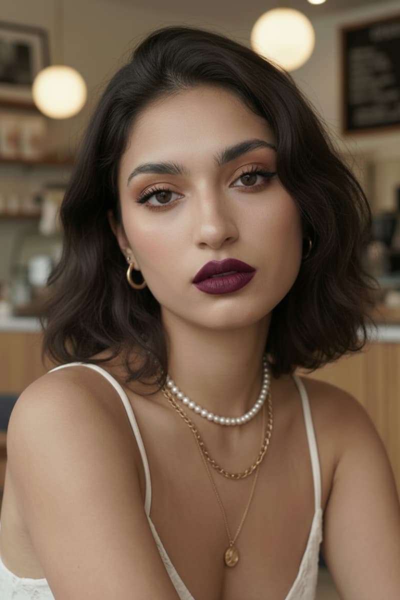 Woman with dark wavy hair, dark lipstick, and a silver necklace