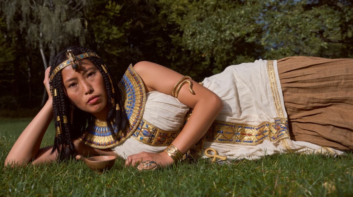 Girl in an Egyptian-inspired costume lying on grass