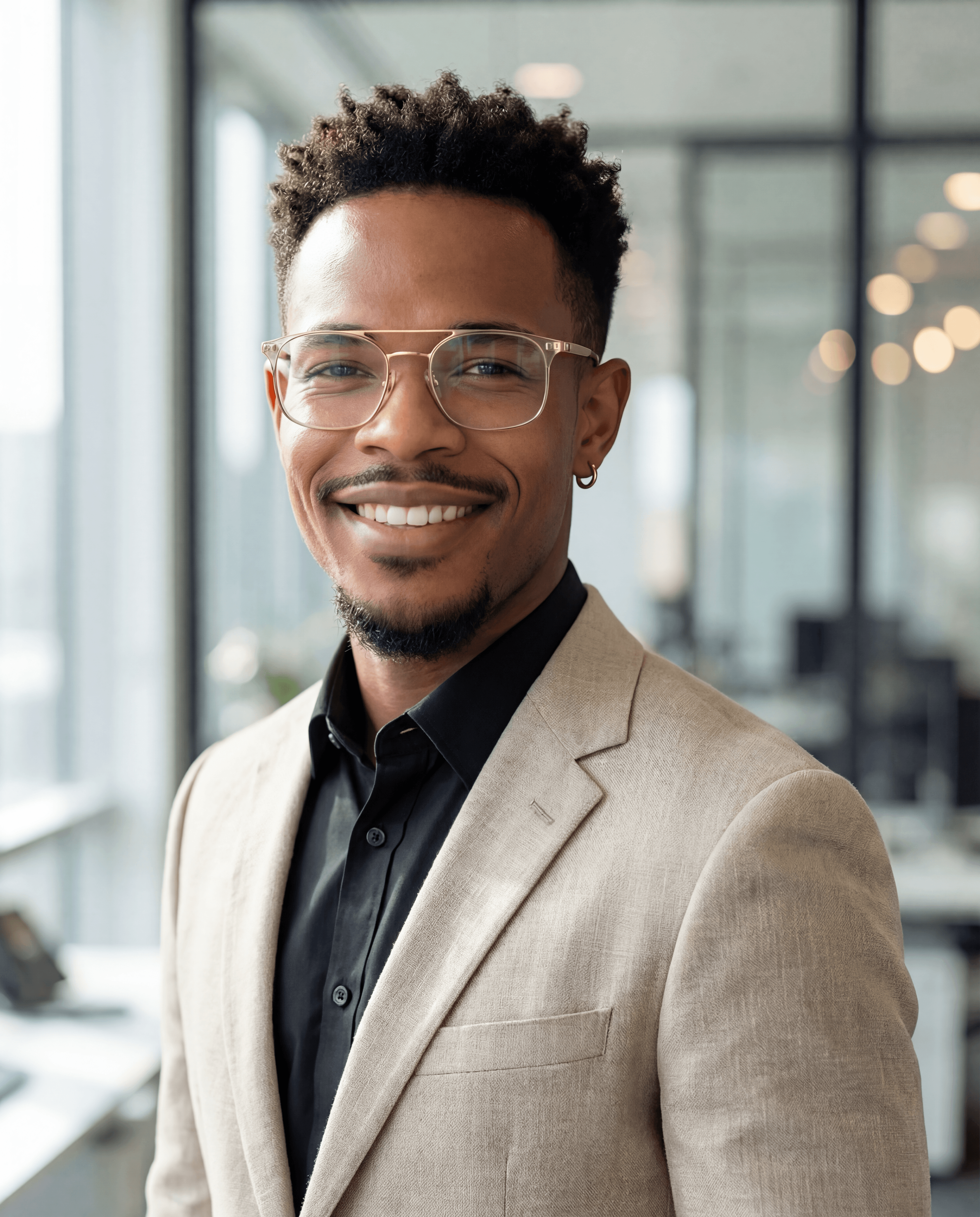 Smiling man in glasses and a beige blazer in an office headshot