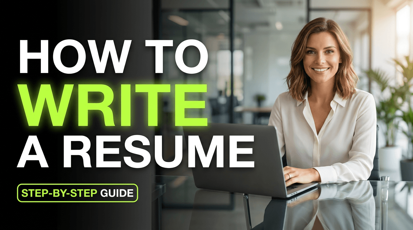 How to Write a Resume tutorial thumbnail with a woman in a modern office