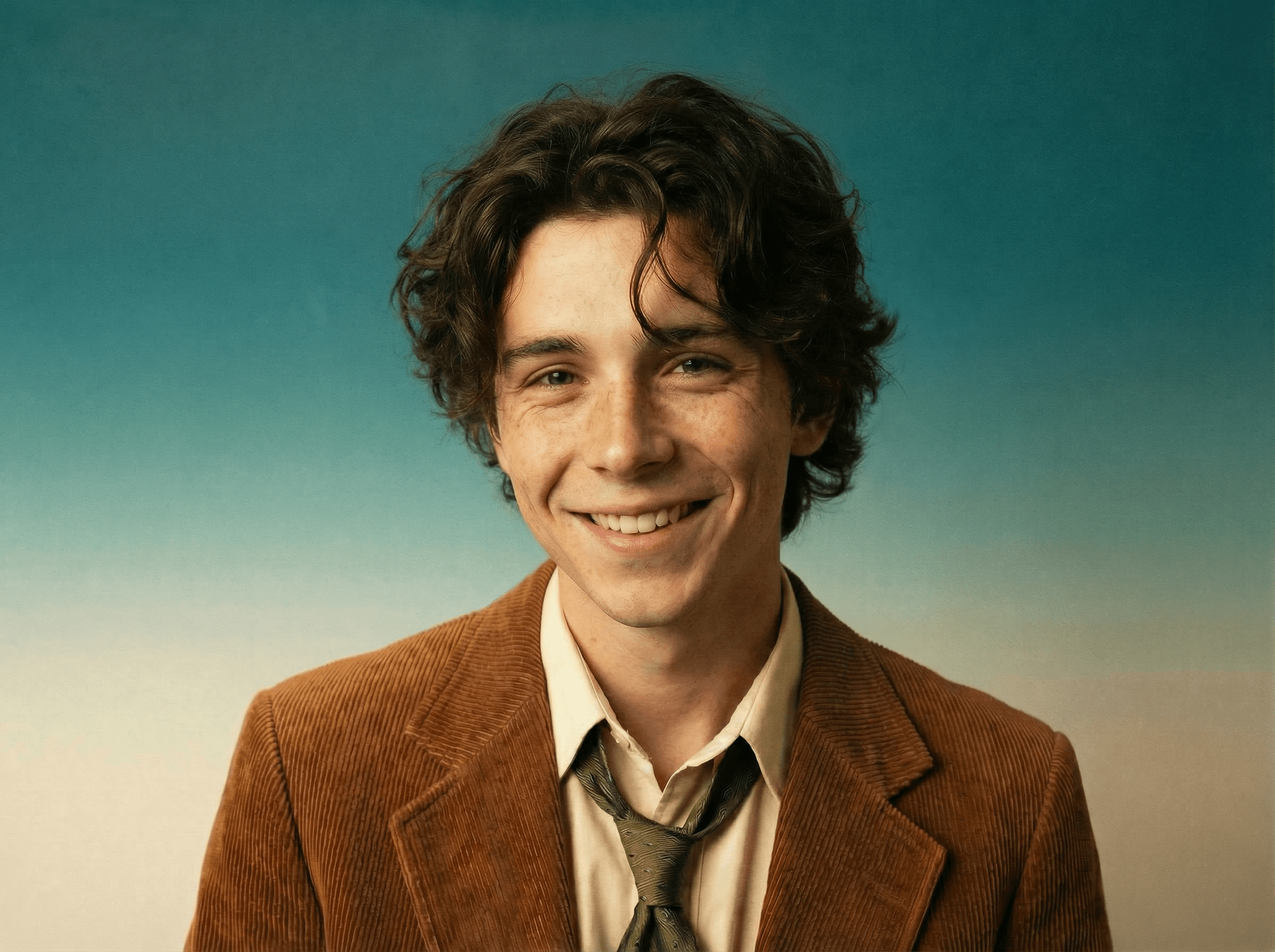 Smiling man in a corduroy jacket against a teal studio backdrop