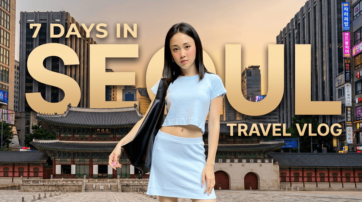 7 Days in Seoul travel vlog thumbnail with a woman in front of a palace