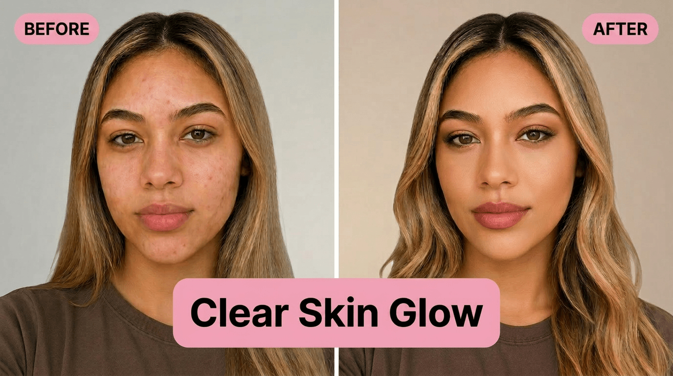 Before and after makeup thumbnail with Clear Skin Glow text