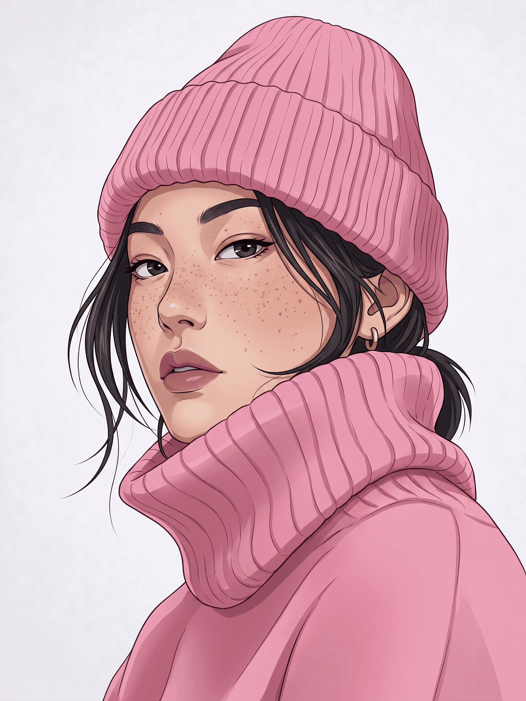 Anime-style portrait of a woman in a pink knit hat and sweater