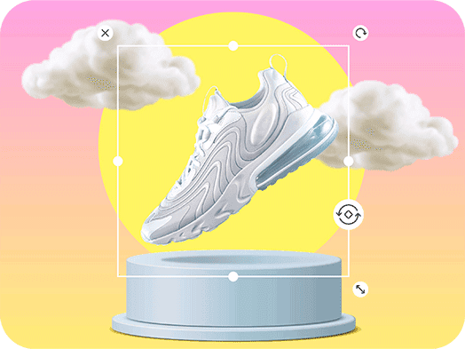 Rotate image tool showing a rotated sneaker floating in clouds