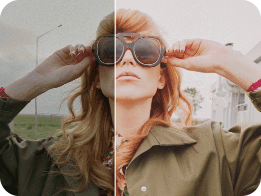 picture of a girl holding her stylish sunglasses with light photo effect