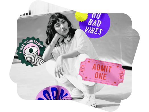 picture of a girl with black and white light photo filters and colorful text stickers
