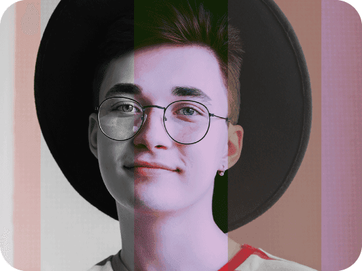 light filters on a portrait of a smiling boy wearing hat and glasses