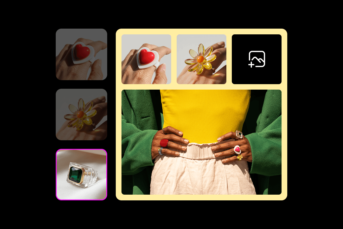 Photo collage of rings and an outfit being built from several pictures