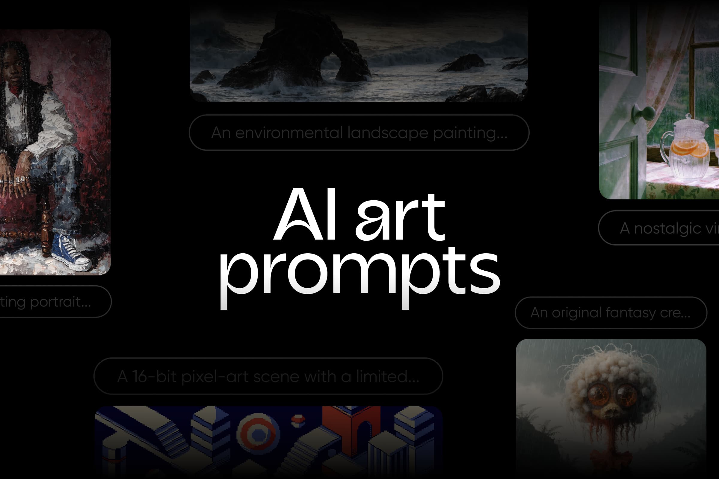 AI art prompts cover with paintings, a pixel-art scene and a fantasy creature