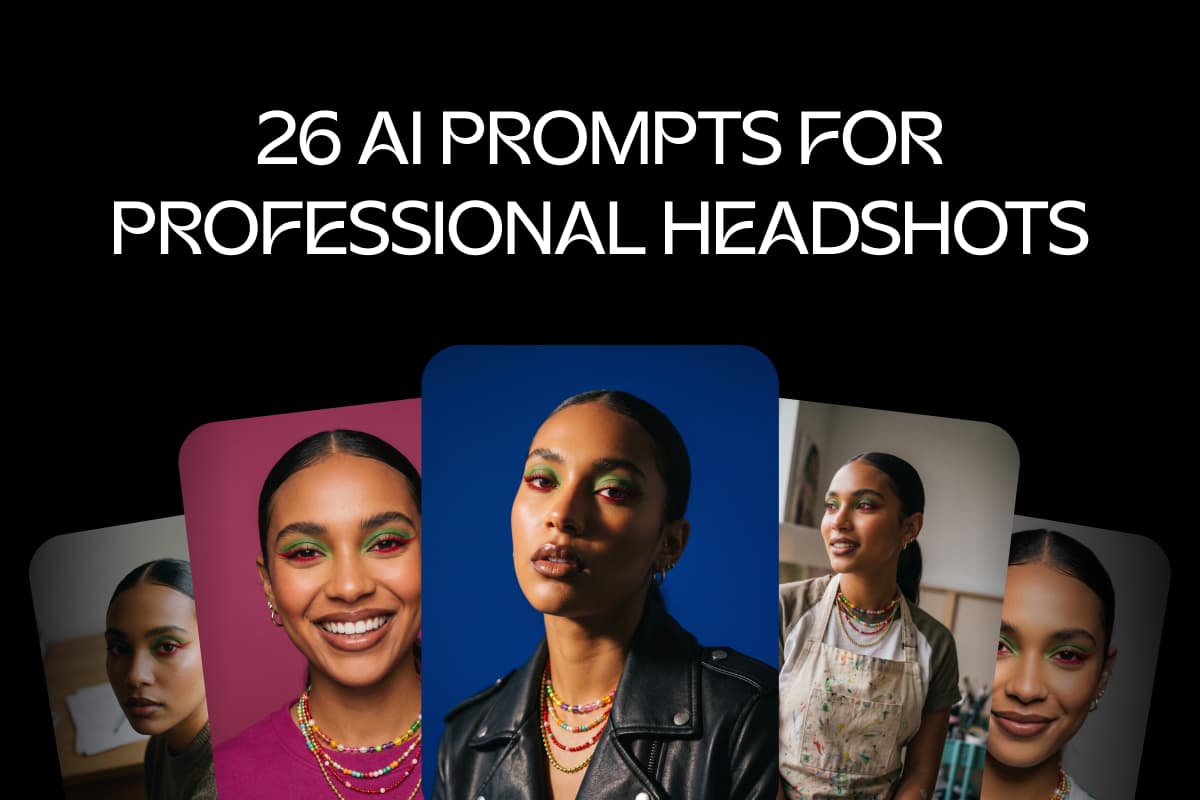 Professional headshot prompts cover collage of AI-generated studio portraits of women