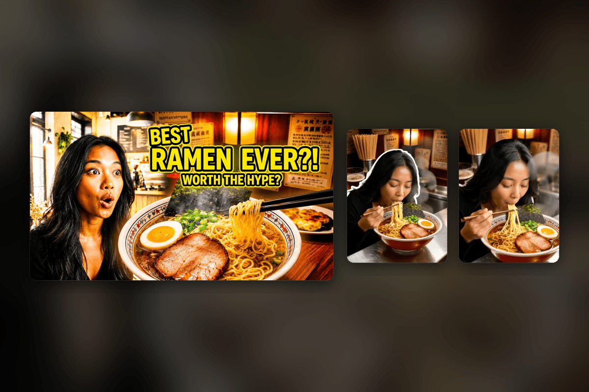 Reaction thumbnail of a woman surprised by a bowl of ramen