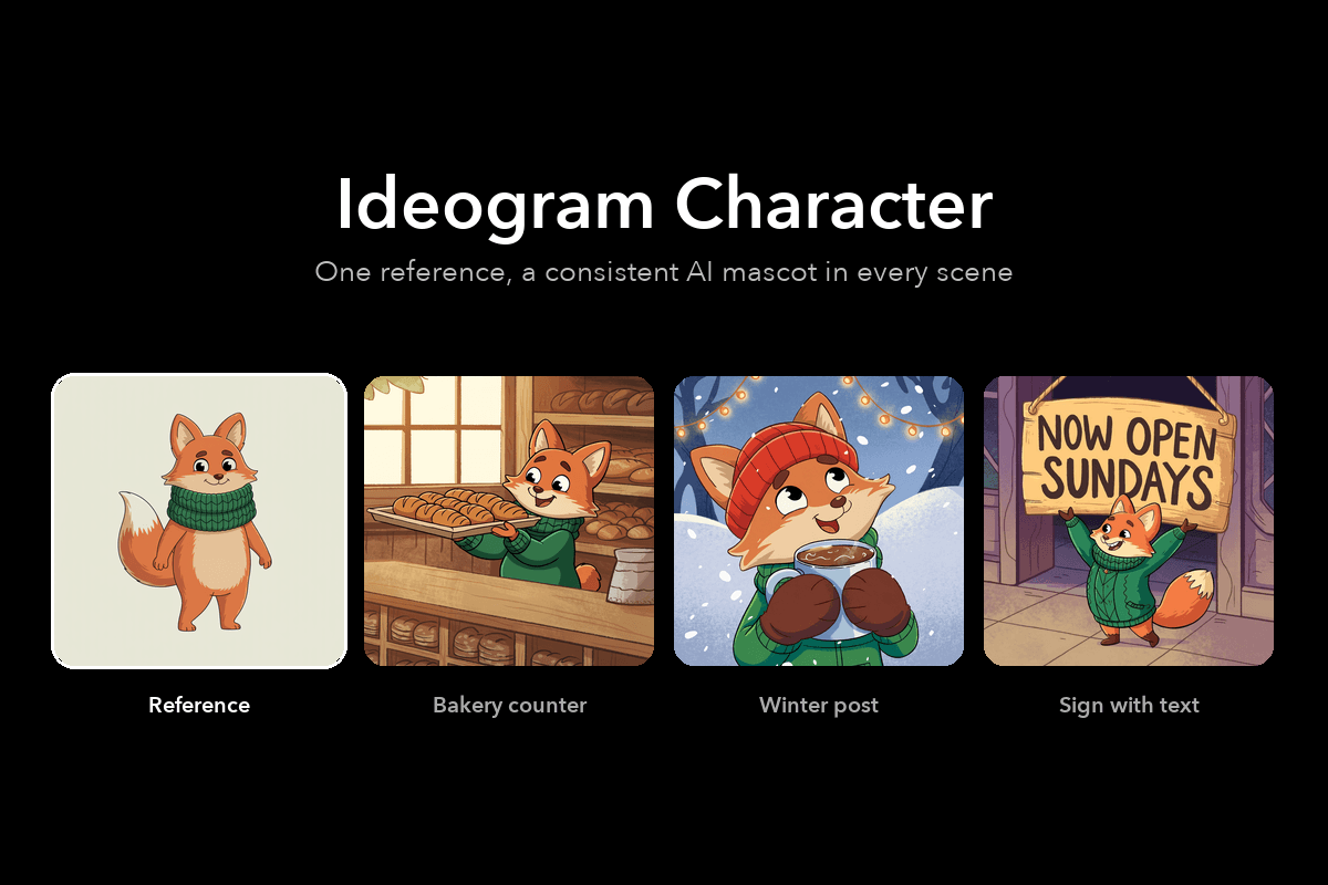 Ideogram Character AI mascot: an orange fox in a green scarf at a bakery counter, in snow and holding a sign