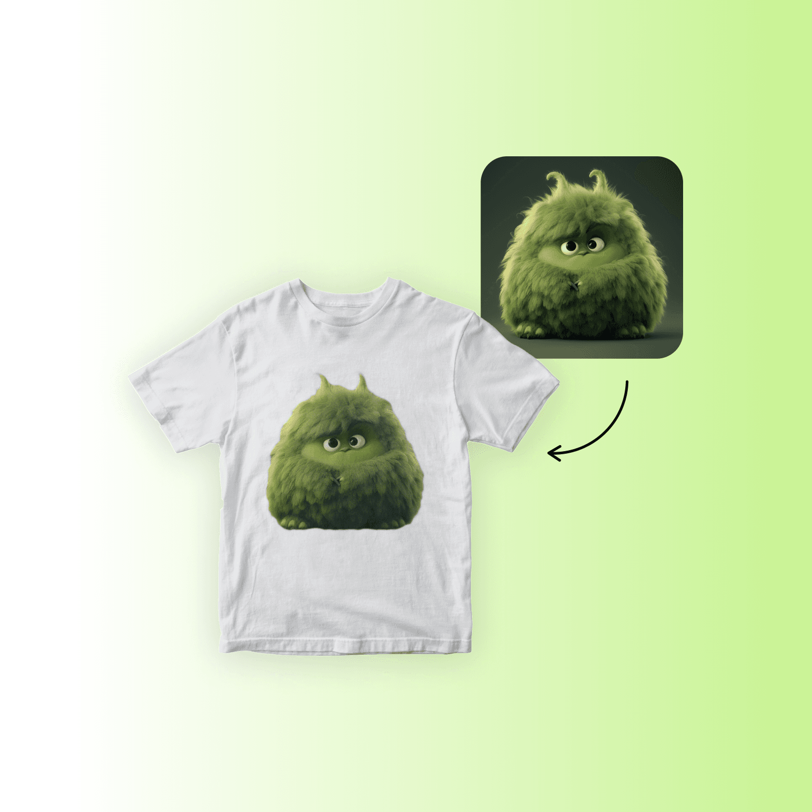 3d green character generated and printed on white t-shirt