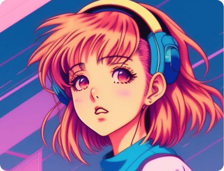 '90s girl anime with headphones
