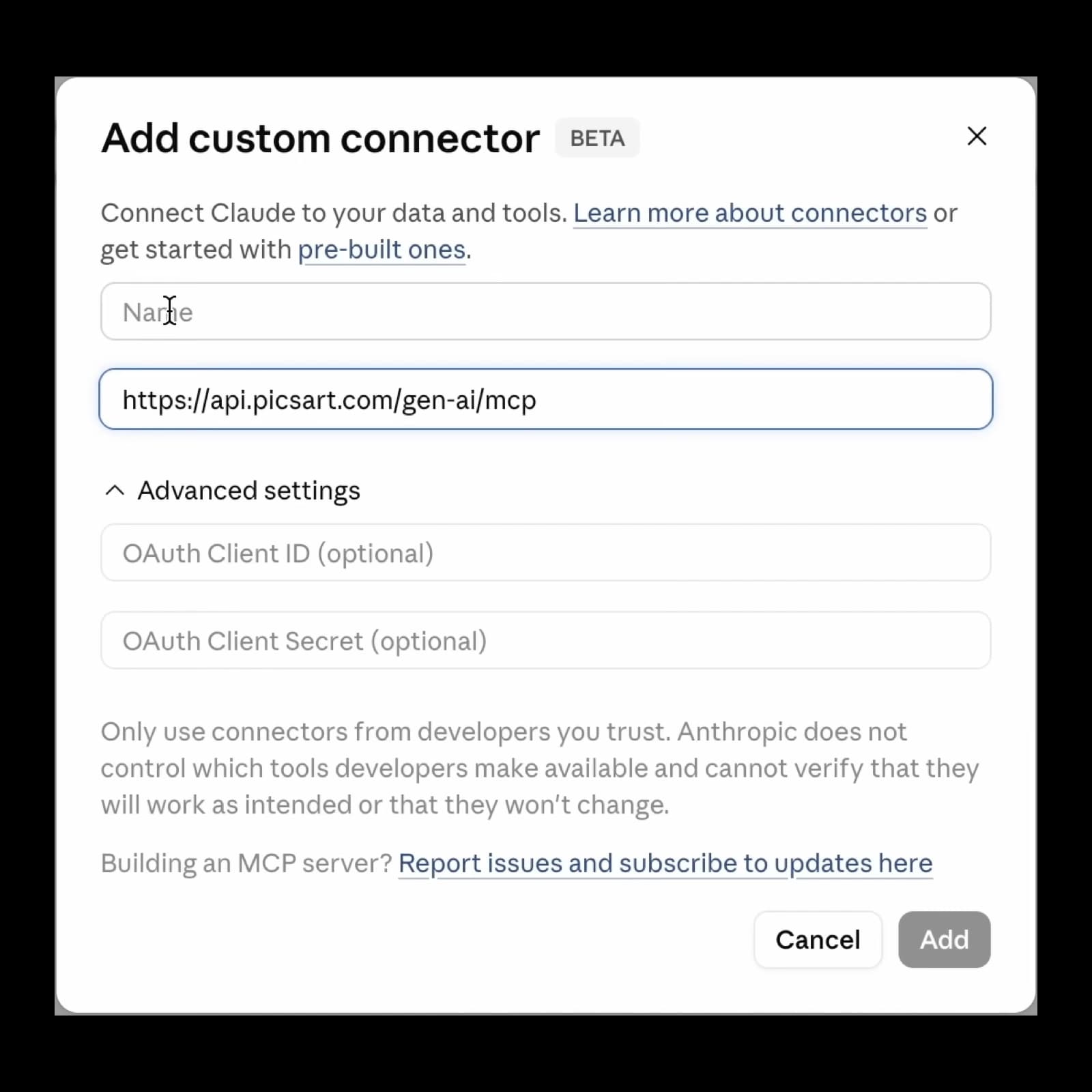 Real Picsart custom connector setup in Claude from the official Picsart tutorial